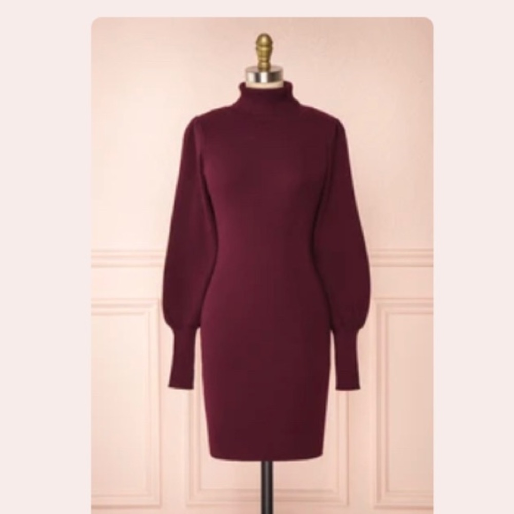 Burgundy Ballon Sleeve Sweater Dress